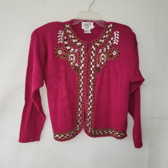 Cervelle Sweater Women L Vintage Beaded Embroidered Cardigan Removable Pads Pink - Picture 1 of 11